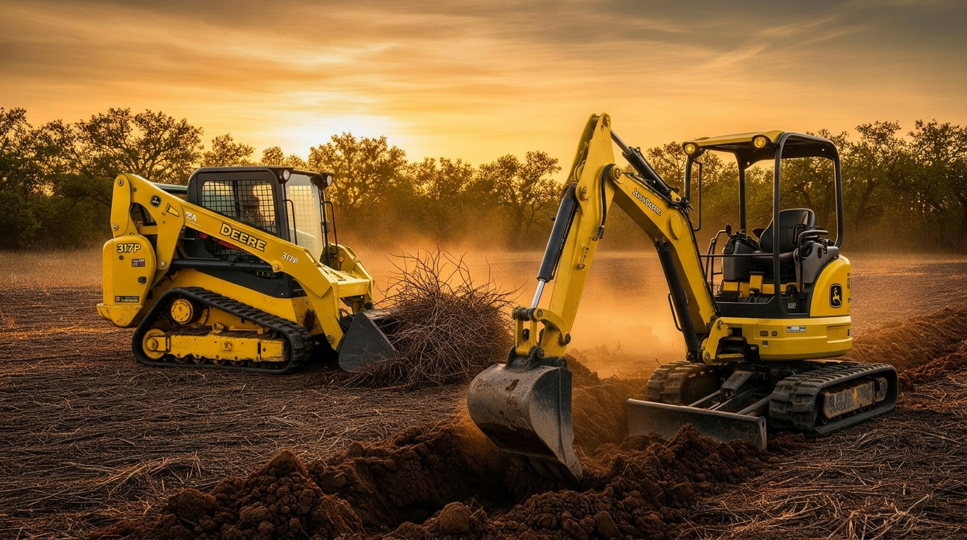 Skid steer clearing trees and brush at sunset
